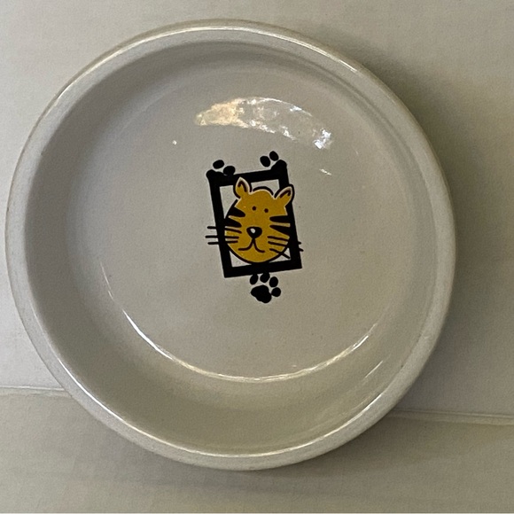 Cat Dish Set 5” Ceramic Tiger Cat 2 Bowls Water Food Signature White Kitties - Picture 13 of 16